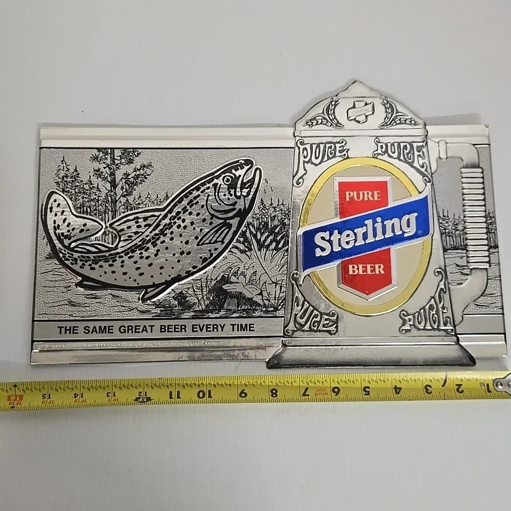1974 STERLING Pure Beer Bass Fish Embosograph Metallic Sign Heileman‎ Brewing